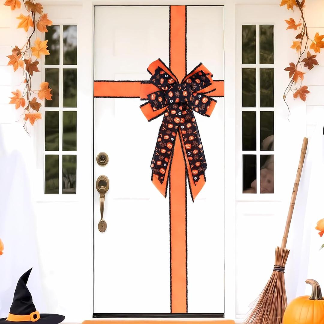 Sursurprise Halloween Decorations Bow for Door, Orange Black Halloween Door Bow Large, Wrapping for Window Fireplace Cabinet, Home Kitchen Party Supplies Baby Shower Birthday Celebration