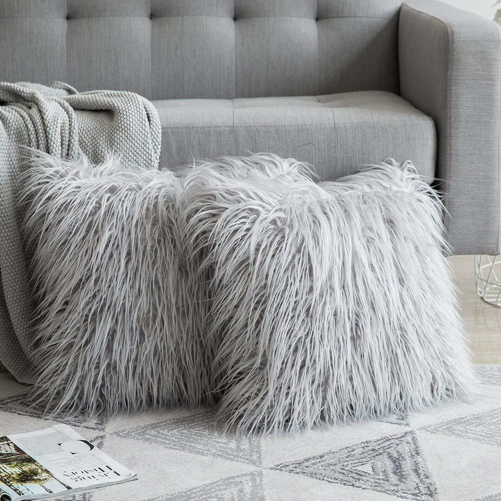 Large Plain Fluffy Plush Cushion Covers Furry Throw Pillow Cases Home Ornaments (18" x 18" (Pack of 2)