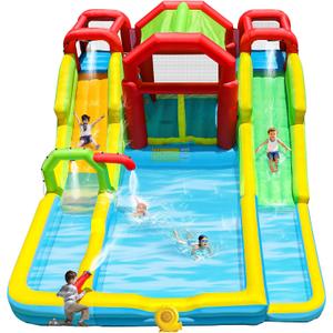 WELLFUNTIME Inflatable Water Double Slides Park with Blower, Shade Tent Bounce House with 2 Climbing Walls, 3 Water Pools, 226x168x98 Inch
