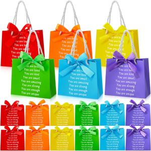 Kolldenn 24 Pack Christmas Gift Bags Rainbow Gift Bag with Handles Ribbon Inspiration Valentines Party Favors for Students Coworker Party Supplies (Elegant Style)