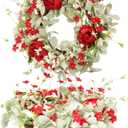 20 Inch Red Peony Wreath for Front Door, Romantic Lambs Ear Greenery with White Flowers, Elegant Wedding Decor, Spring Summer Artificial Floral Wall Accent