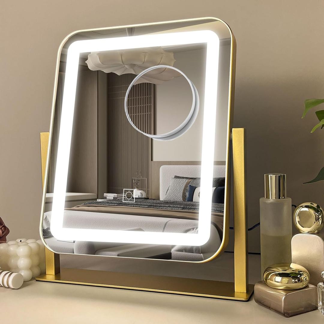 HNV 15"x13" Gold Vanity Mirror with Lights, Small LED Makeup Mirror for Desk, 3 Color Modes & Dimmable Touch Control, 360 Rotation Metal Frame, USB Plug-in Lighted Mirror for Bedroom, Dorm, Teen Gift