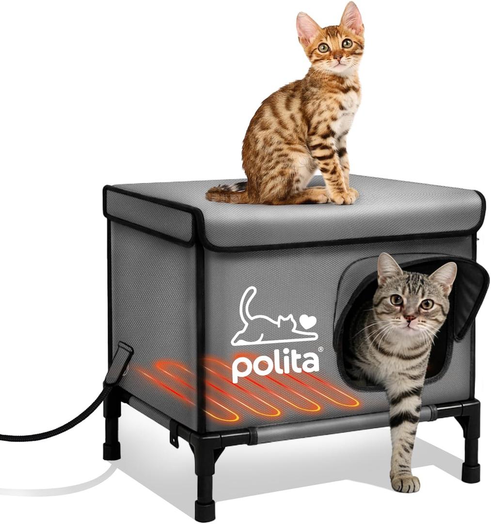 Polita Indestructible Heated Cat House for Outdoor Cats All Seasons, Extremely Insulated & 100% Weatherproof, Elevated Feral Cat Shelter with Waterproof Eaves &Safe Escape Door for Stray & Barn Cats (Dark Gray)