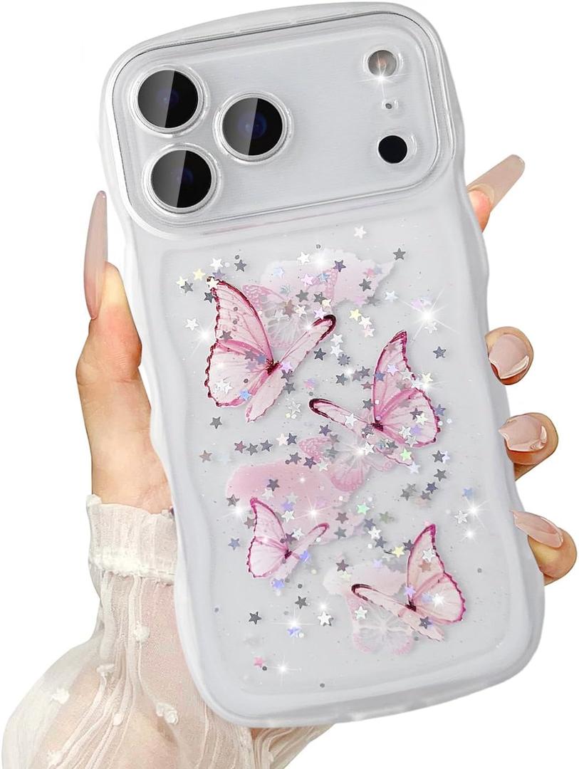 UEEBAI Wave Butterfly Case for iPhone 17 Pro Max 6.9 inch Case, Pretty Bling Star Butterfly for Women Cute Shiny Glitter Phone Cover for Girls Bling Clear Cover Curly Shockproof Girly Shell - Clear