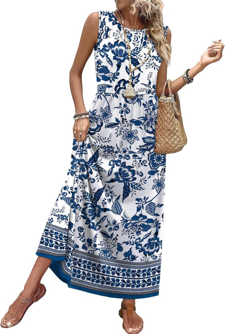 Maxi Dresses for Women 2026 Vacation Floral Sundresses Casual Flowy Boho Summer Dress Spring Wedding Guest Cruise Outfits Resort Wear 2025 2026 Midi Dresses for Women L, Floral Blue