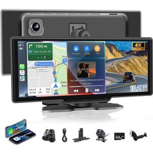 Wireless Carplay Screen for Apple Car Play & Android Auto with 4K Dash Cam & 1080P Rear Camera for Car - Portable 10.26" Car Stereo with Voice Contro & 64G TF Card Loop Recording for 12-24V Vehicles