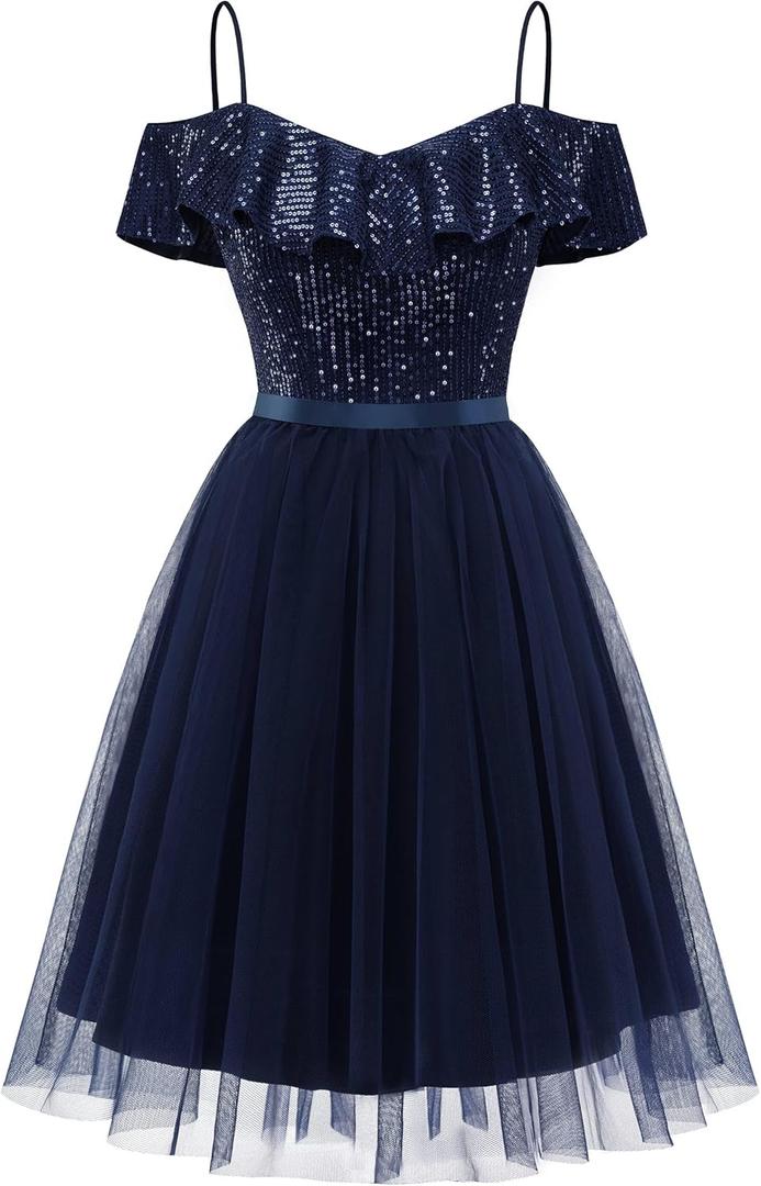 Wedtrend Sequin Dress for Women Short 80s Prom Dress Sparkly Cocktail Dresses Formal Dresses for Teens (Small, Navy)