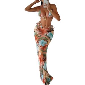 Women's Long Skirt Bikini Set Floral Print High Slit Halter Top Swimsuit Tie Side Beach Vacation Cover Up