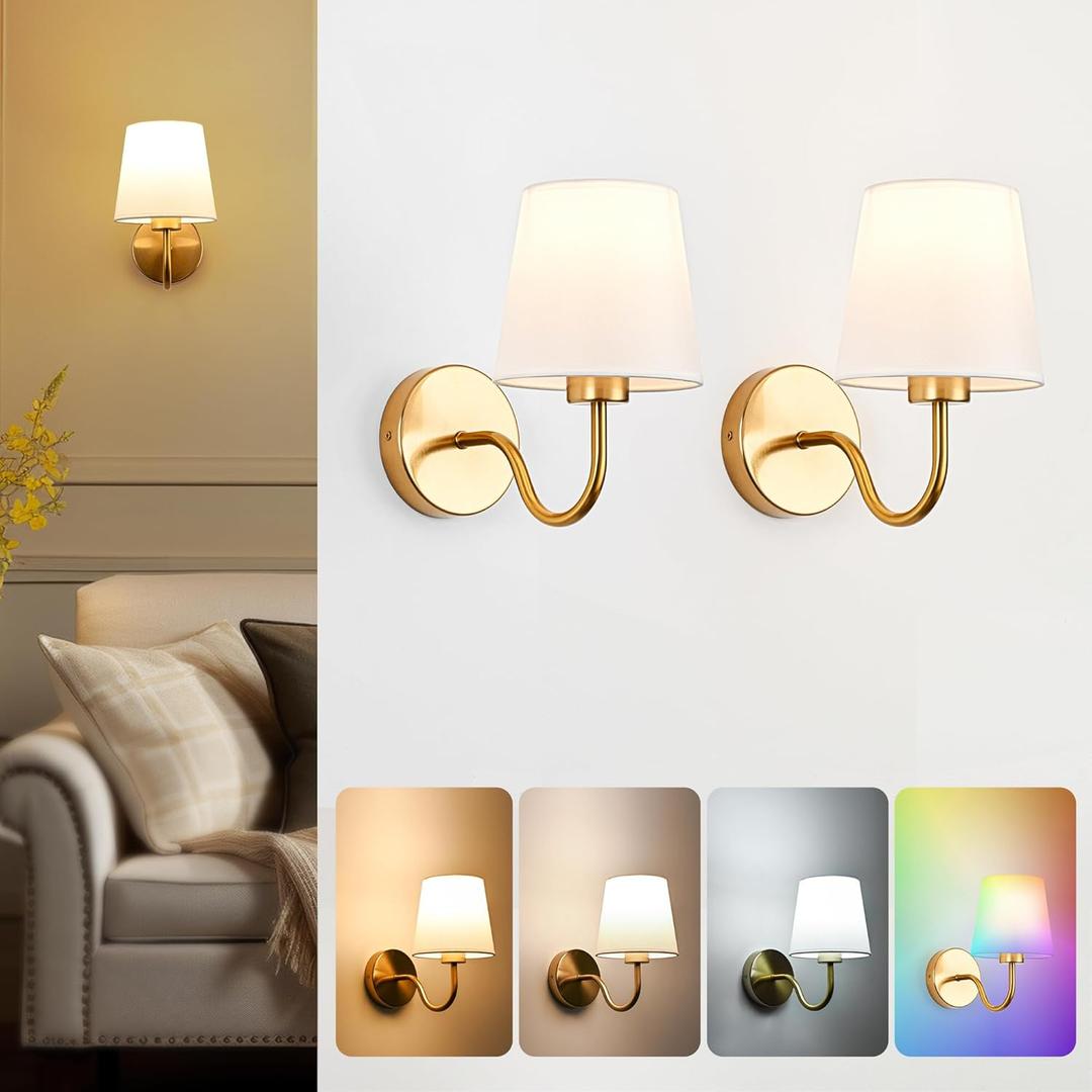 Battery Operated Wall Sconces Set of 2, Gold Rechargeable Wall Lights with Remote Control, 15 Colors Wireless Dimmable Wall Lamps, Home Decor for Bedroom Living Room Hallway(G02)