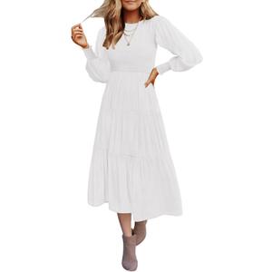 ZESICA Women's Casual Long Sleeve Crew Neck High Waist Smocked Flowy Tiered Midi Dress (White, M)