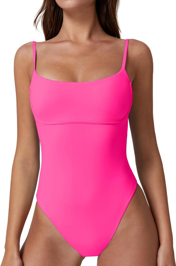 QINSEN Womens Seamed Cup Spaghetti Straps One Piece Bathing Suits Tummy Control Cheeky Swimsuit (Pink, L)
