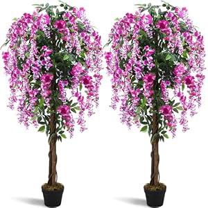 Thiccywoov 2 Pack 5ft Artificial Wisteria Tree Tall Fake Tree with Cement Base Pot Faux Floor Plant Decoration for Indoor Outdoor Home Office Housewarming Gift(Rosy Pink)