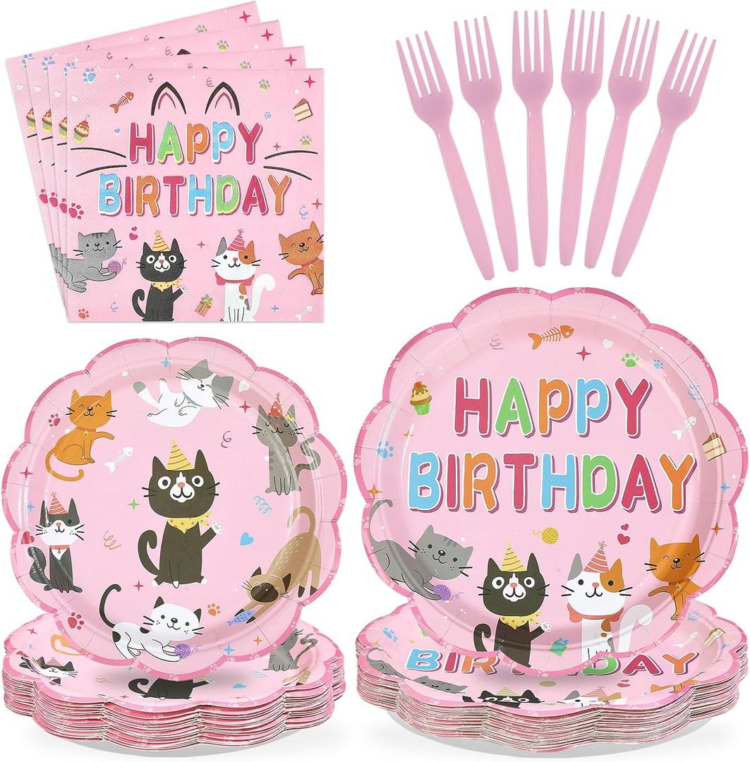 96Pcs Cat Birthday Party Supplies Cats Themed Plates and Napkins Pink Kitten Happy Birthday Tableware Set for Girls Pink Cat Baby Shower Party Supplies Serves 24