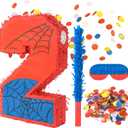 Superhero Birthday Decorations, Number 2 Spider Pinata 16 Inch with Piata Stick, Blindfold, Confetti for Boys and Girls Kids Birthday Party Supplies (2th)