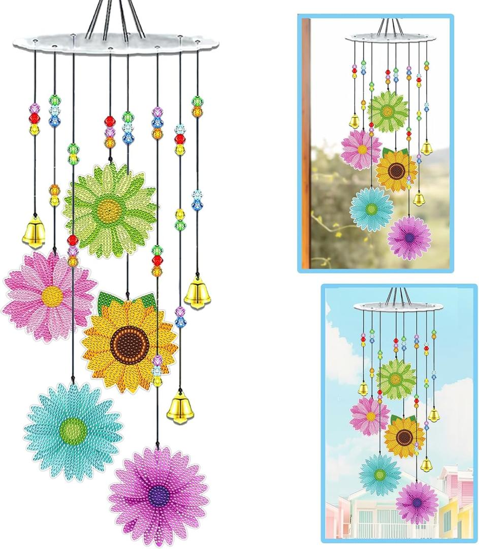 Daisy Diamond Painting Wind Chimes Double Side Flower DIY Art Kits for Adults - Diamond Painting Kits Wind Chimes 3D Suncatchers Christmas Hanging Ornament Crafts for Garden Decor