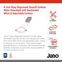 Juno LED Recessed Lights 6 Inch Round Wafer Downlight, 5-in-1 Switchable White Color Temperature, Adjustable Brightness, Deep Regressed Smooth Trim, 6-Inch, Matte White, 6-Pack
