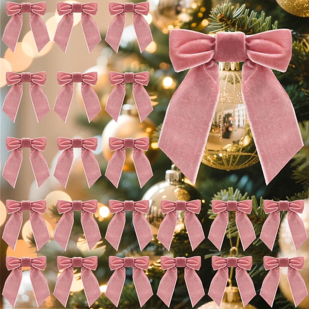 Glitinsel 30 Pcs Velvet Ribbon Bows 5" x 4" Pre Tied Christmas Velvet Bows with Twist Tie for Gift Packaging Christmas Tree Wreaths Door Windows Wedding Party Decoration(Dusty Pink)