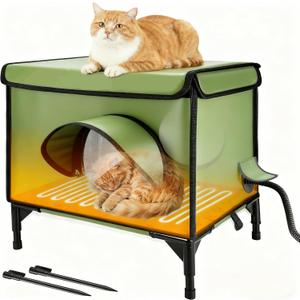 Heated Cat House for Outside Winter with Heater, 100% Weatherproof, Oxford Cloth Insulated Outdoor Cat Shelter with Waterproof Eaves & Escape Door for Outside Stray Barn Cat Green 17x13x19in