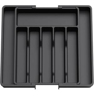 silverware drawer organizer, expandable silverware storage, utensil organizer, durable plastic cutlery storage box for forks, spoons, and knives - kitchen essentials for new home (black)