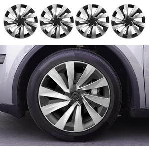 Hubcaps Fit for Tesla Model Y Juniper 2025 2026, 19" Silver + Black Wheel Covers with Center Caps, Cross-Spoke Design Rim Covers, Easy Clip-On Installation for Model Y Juniper Accessories
