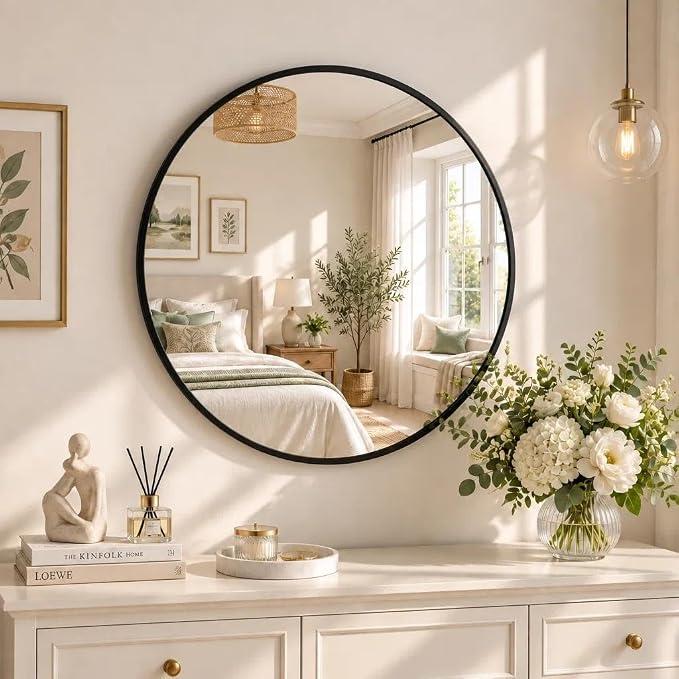 BEAUTYPEAK 20 Inch Round Mirror, Metal Frame Circle Mirror, Black
Wall Mounted for Entryway, Bathroom, Vanity, Living Room