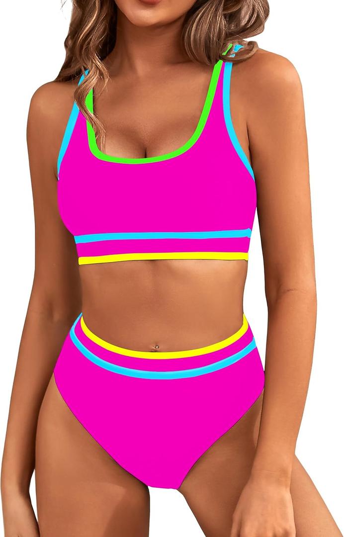 BMJL Women's High Waisted Bikini Sets Sporty Two Piece Swimsuits Color Block Cheeky High Cut Bathing Suits (Large, Rainbow Hot Pink011)