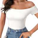 Rooscier Women's Sexy Off The Shoulder Short Sleeve Bodysuit Basic Double Lined Thong Body Suit Tops (White, M)