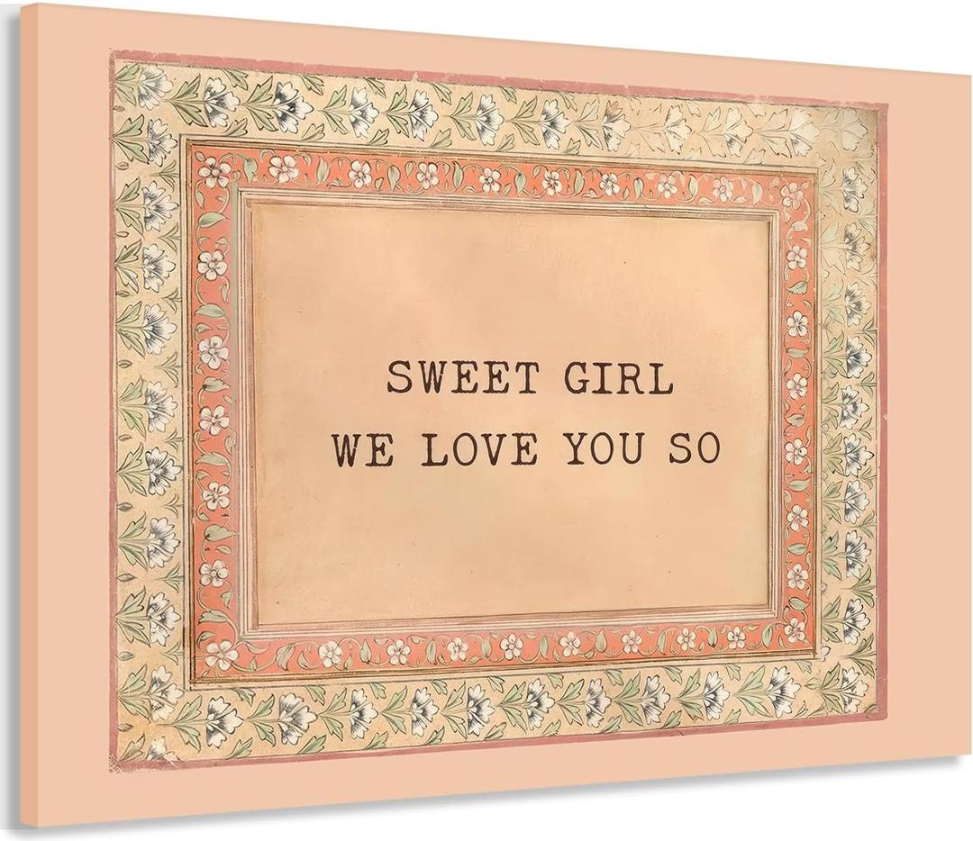 Framed Sweet Girl We Love You So Canvas Wall Art Vintage Pink Background Floral Border Wall Decor Pictures | Boho Nursery Decor | Kids Bedroom Decor for Girls | Gift for Kids | 12X16 in