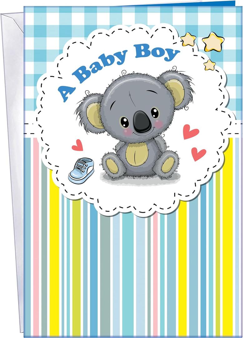 New Baby Boy Card - Made in USA - Perfect Size: Opens to a generous 10 7.75- Cute! - 96276