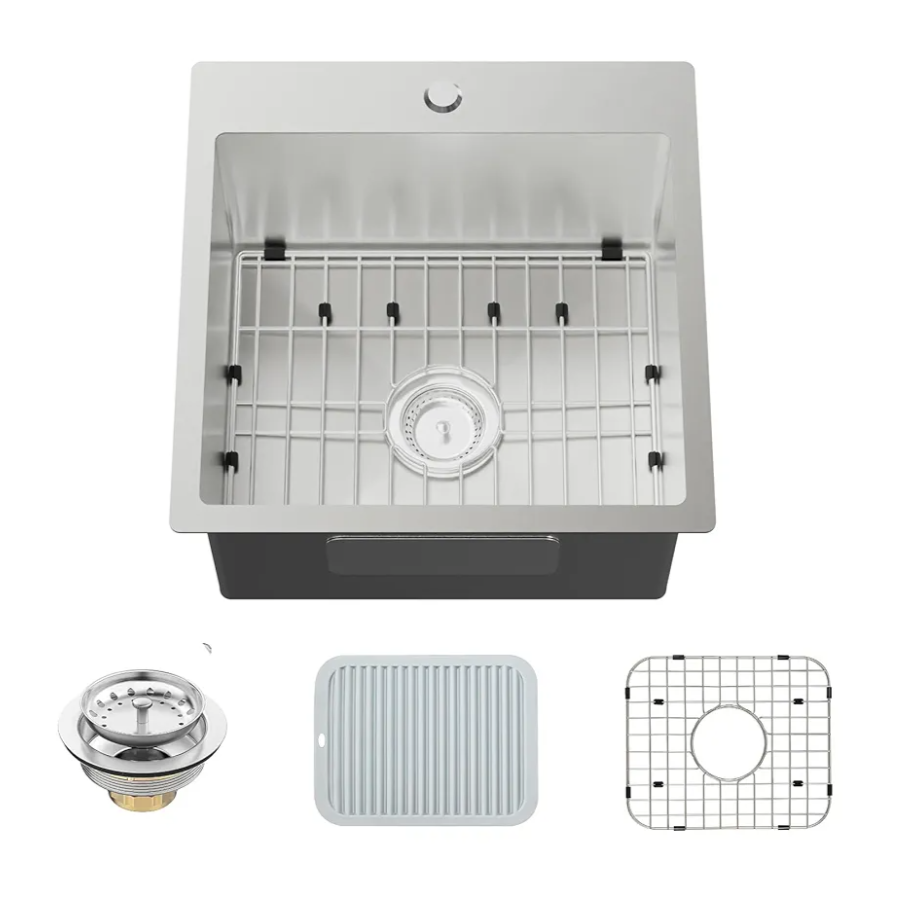 Kitchen Sink, Stainless Steel 18 x 18 Inch Drop In Bar Sink Top Mount Kitchen Sink Single Bowl Kitchen Sink Set - Sink Grid, Silicon Mat,Drain Assembly For Modern Kitchen Stylish and Functional
