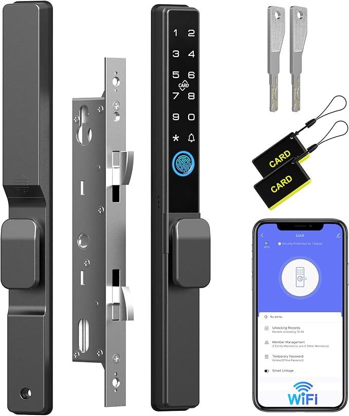 Anweller 2085 Mortise Sliding Glass Door Lock, Smart Fingerprint Code Keypad RFID Remote App Electronic Digital Biometric Safety Patio Door Double Hook Mortise Lock Set with Handle