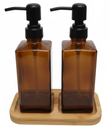 Modern soap Dispenser Set with Bamboo Base. Glass soap Dispenser with Stainless Steel Pump, Perfect for Kitchen Decor and Accessories. (Amber 2pack)