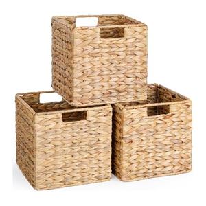 12 x 10 in Water Hyacinth Storage Baskets, Wicker Storage Baskets for Shelves, Foldable Square Bins for IKEA Kallax Set of 3, Large Cubby Rattan Basket, Wicker Basket for Organizing