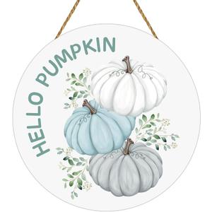 Fall Door Decor White Blue Pumpkin Wall Decor Hello Pumpkin Sign Fall Decorations for Home Porch Wooden Front Door Hanger for Harvest Indoor Outdoor Home Decorations