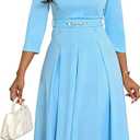 Elainone Womens 3/4 Sleeves Casual A Line Dress Belted Semi Formal Dresses Fit and Flare Midi Dress, High Waist A Line Dresses for Women Suitable for Work, Business, Church, Wedding Guest, L