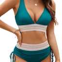 Adisputent Womens High Waisted Bikini Sets Color Block Swimsuit V Neck Tummy Control Swimwear Drawstring 2 Piece Bathing Suit (Large, Turquoise)