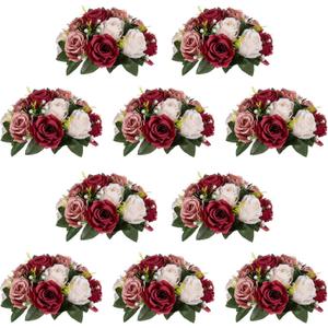 NUPTIO Artificial Flower Centrepieces for Tables - 10 Pcs Burgundy & Dusty Rose & Creamy White Fake Flowers Roses Balls 9.5in Diam - Silk Faux Rose Arrangement for Wedding Party Table Decor
