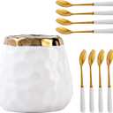 Coffee Spoon Set,Ceramic Jar with 8 Small Spoons for Coffee,Tea,Ice Cream,Cake,Flatware Set (White gold jar+8 spoons)