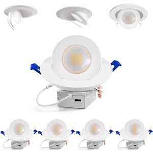 Adetu 6 inch 5CCT Gimbal Led Recessed Lights, 360+90 Adjustable Directional Recessed Lighting, 2700K/3000K/3500K/4000K/5000K Dimmable Remodel Eyeball Canless Downlight with Jbox, ETL (White,4 Pack)