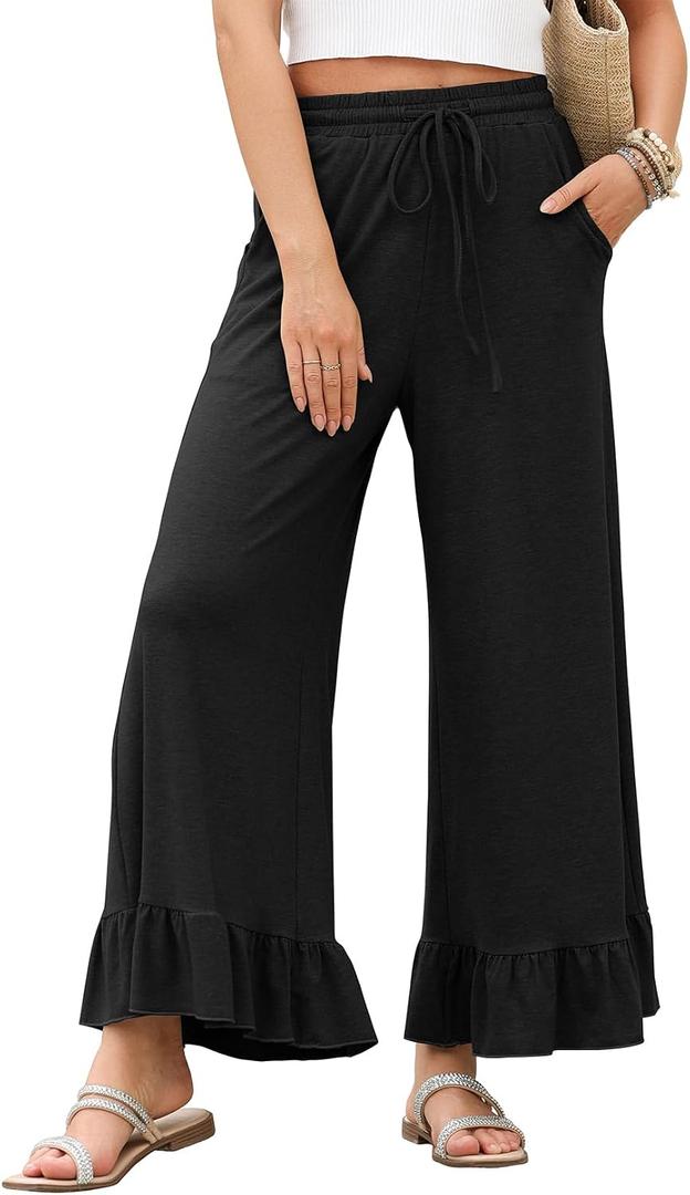 EVALESS Womens Wide Leg Pants Drawstring Elastic High Waisted Ruffle Hem Palazzo Pants with Pockets (Black, L)