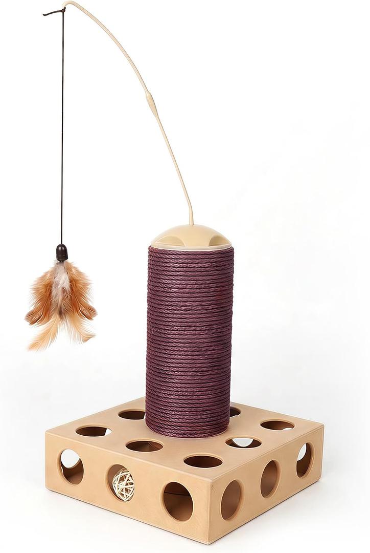 Pawise Cat Scratching Board 3 in 1 with Scratching Post, Rotating Teaser Wand & Bell Ball, Cat Nail File Enrichment Box for Indoor Cats Kitten, Interactive Cat Toys for Boredom Relief