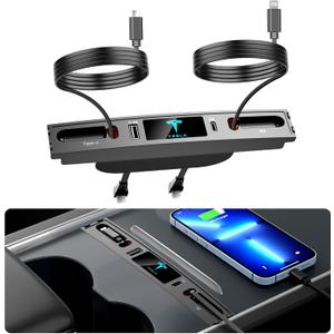 Car USB Charger Multi Port for 2021 2022 2023 2024 Tesla Model 3/Y,Multifunctional Tesla Accessories with Logo and Retractable Cable,Tesla USB hub,Gifts for Tesla Owners(Not fit Model 3 2024)