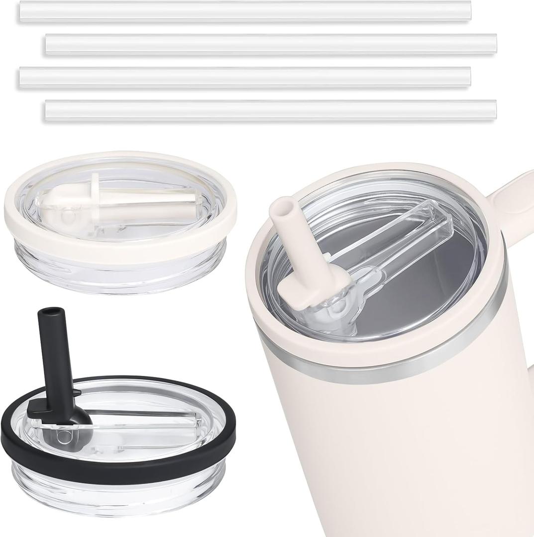 2 Pack 40 oz Tumbler Flip Straw Leak Proof Lid Replacement Fit for Stanley Quencher,40 oz Tumbler Lid Replacement for Stanley Cup,No Spill Proof Straw Cover for Stanley Cup Accessories (Cream White and Black)