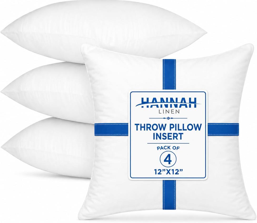 Hannah Linen Throw Pillow Inserts 12x12  4 Pack Square Decorative Pillow Insert for Couch, Sofa & Bed, Soft Fluffy Polyester Filled Cushion Stuffers, Indoor Home Decor Pillows