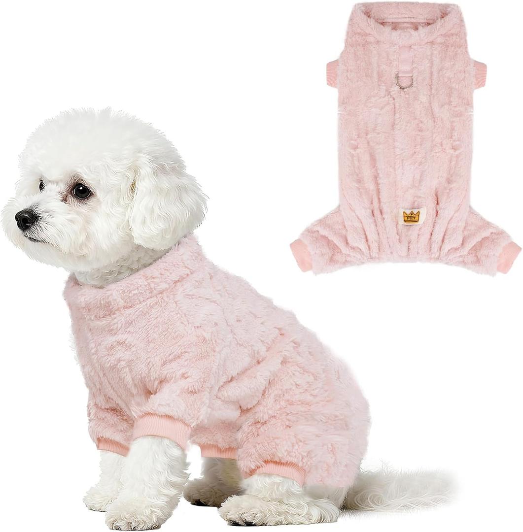 Topbuti Plush Dog Pajamas for for Small Dogs Cats, Dog Sweater with Leash Ring Ultra Soft Warm Pet Clothes Puppy Onesie Outfits Doggy Pjs Jumpsuit for Winter Christmas (Pink, Small)