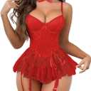 Women Sexy Lingerie Set Naughty Lace Up Corset Bodysuit Underwire Lingerie Babydoll With Garter Belt and Bow Tie (Red, XL)