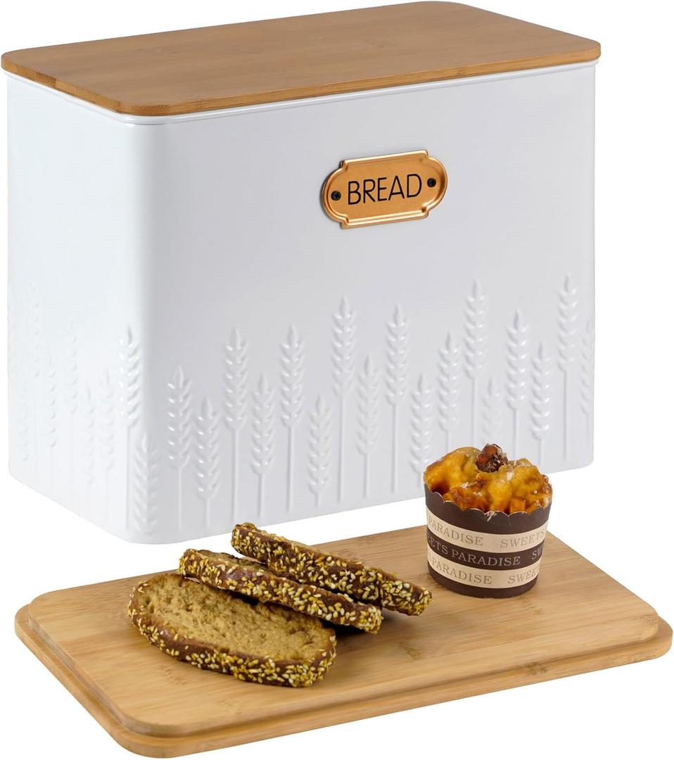 Extra Large Bread Box for Kitchen Countertop Corner Breadbox for Homemade Bread Metal White Ear of Wheat Pattern Embossed Storage Container Bin with Bamboo Lid Fits 2 Loaves of Bread