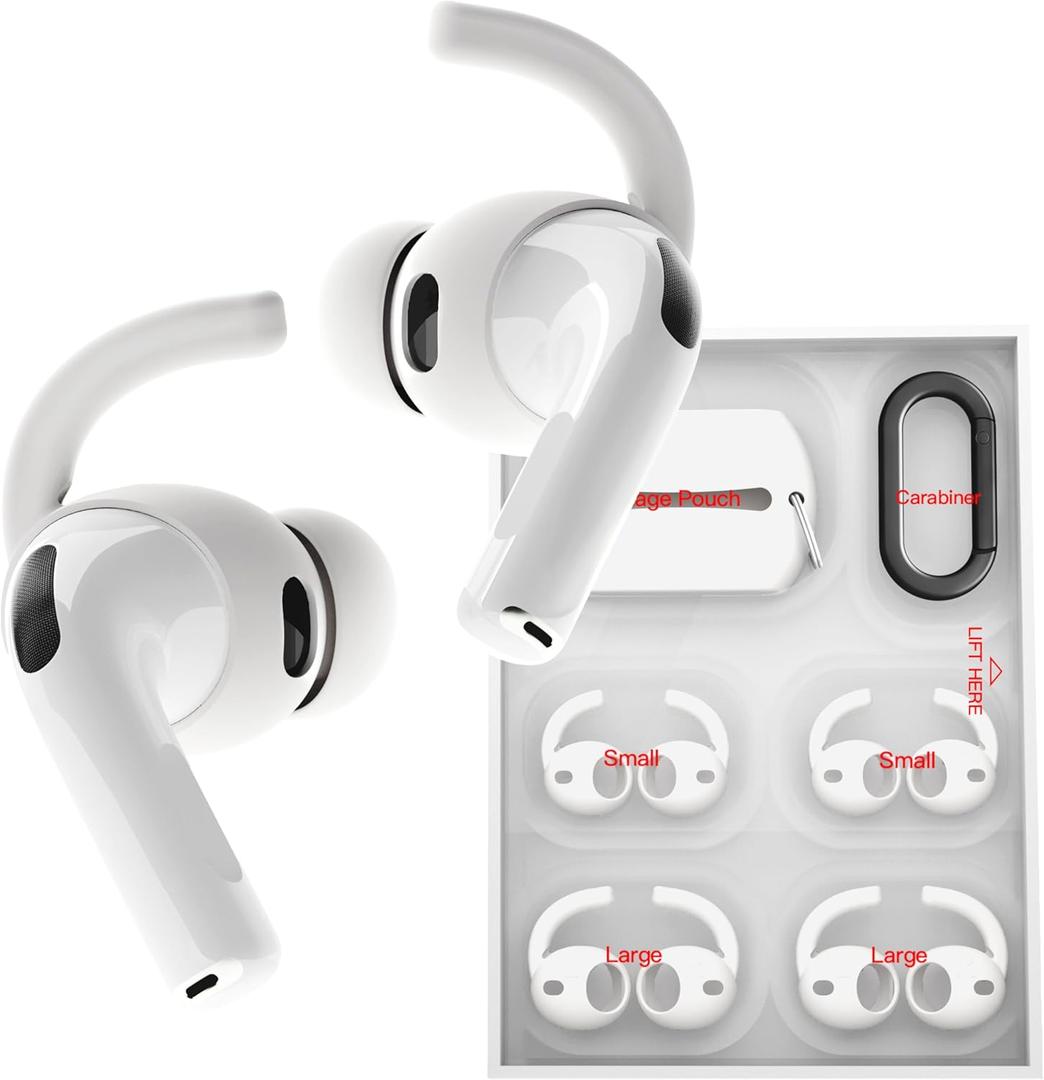 DamonLight 4 Pairs Ear Hooks for AirPods Pro 3 [Added Storage Pouch] Anti Slip Sport Ear Tips Accessories Compatible with AirPods Pro 3rd Generation [2025 Released] S & L (White)