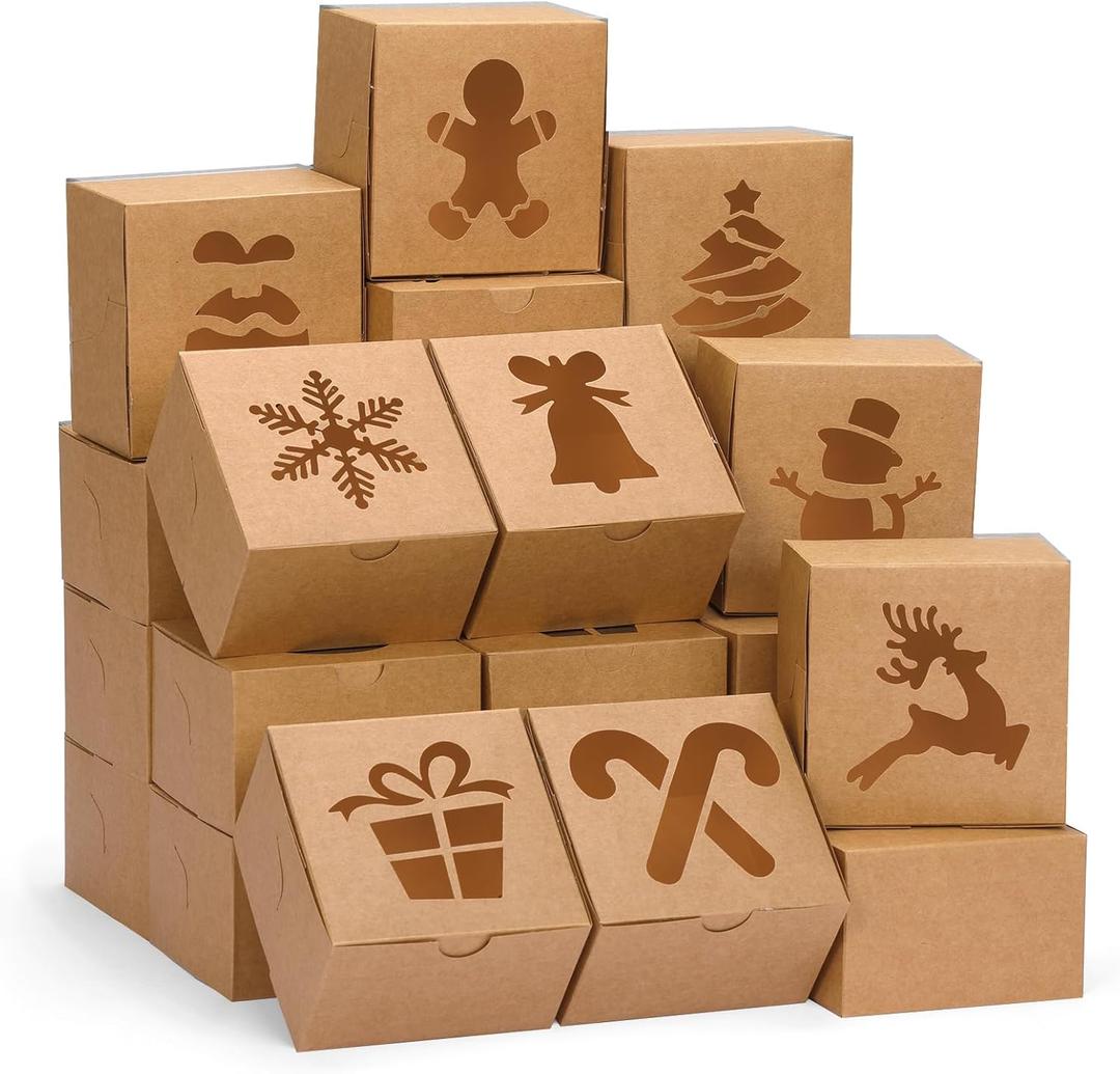 45pcs 4x4x2.5in Christmas Cookie Boxes, Brown Kraft Treat Boxes with Window, Small Xmas Bakery Boxes for Holiday Party Favor Pastries, Cupcakes, Cookies, Donuts, Gift Wrapping