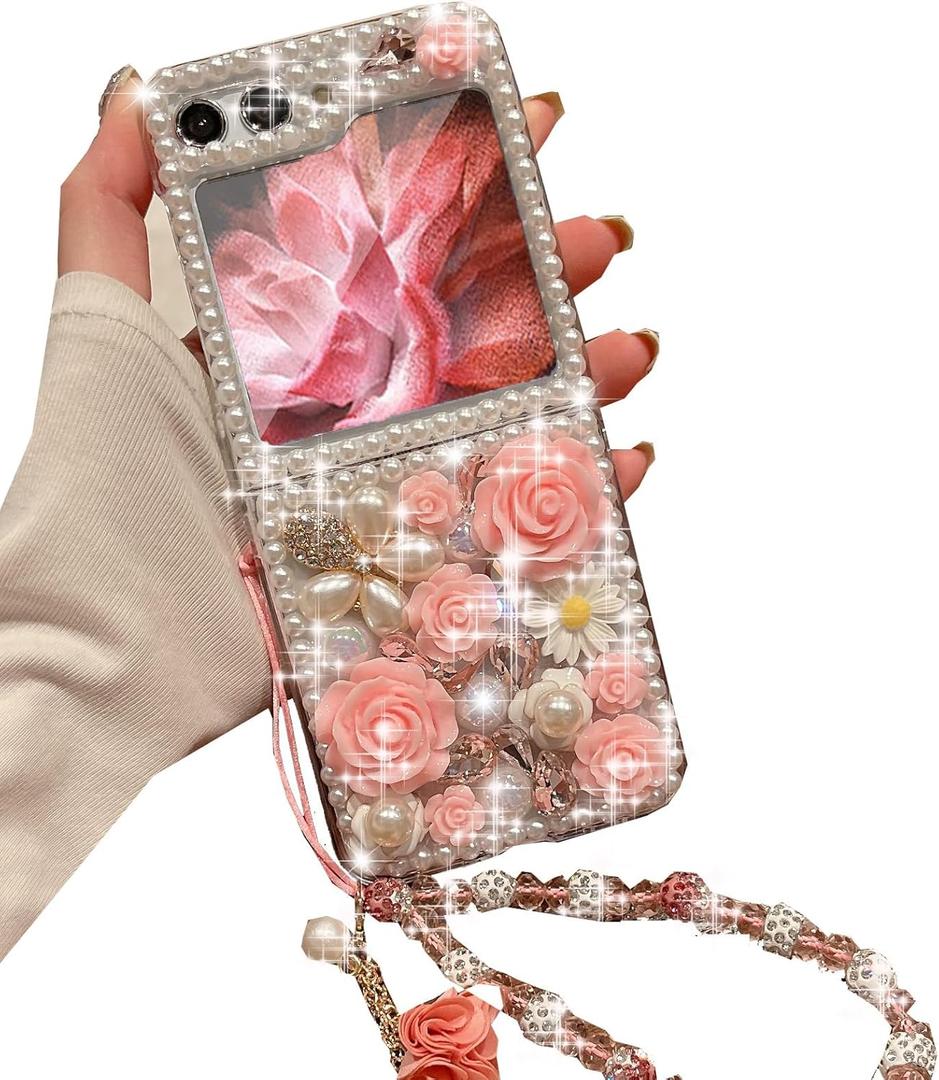 Changjia for Samsung Galaxy Z Flip 6 Glitter Bling Case,Cute Luxury 3D Crystal Rhinestone Diamond Flower Sparkle Stunning Stones Pearl with Wrist Strap Women Girls Case for Galaxy Z Flip 6 5G (Pink)